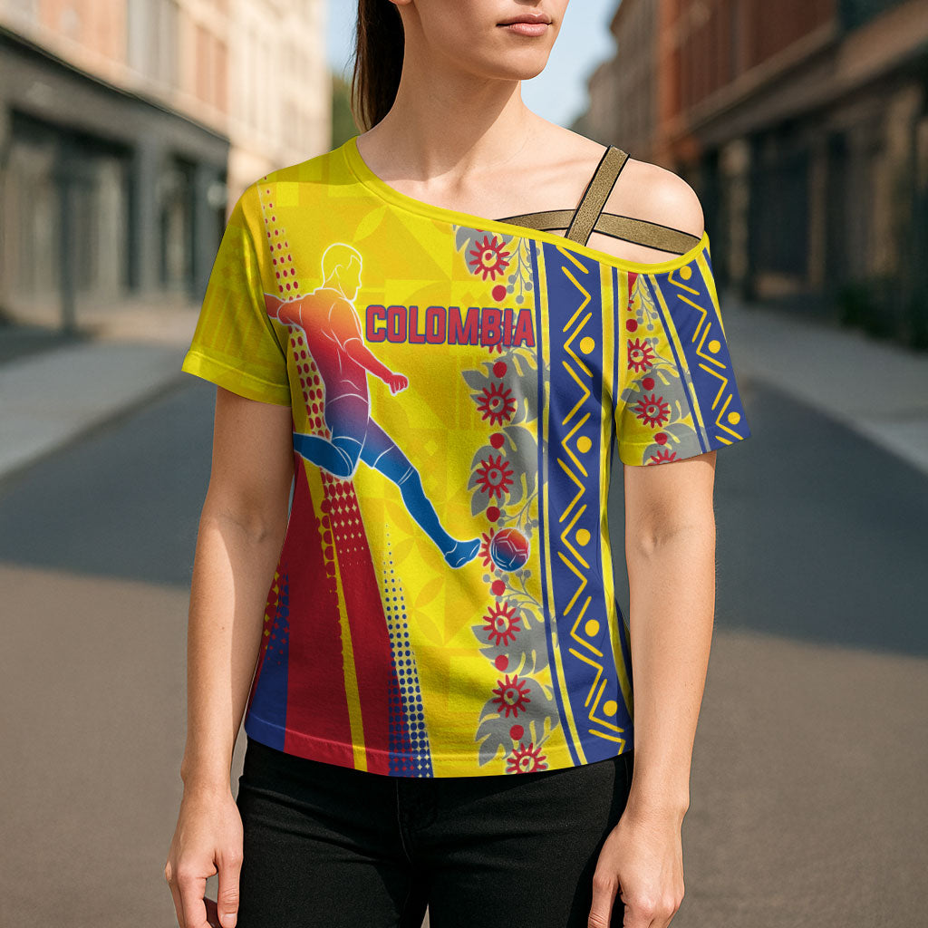 Personalized Colombia Soccer Cross Shoulder Shirt Floral Folk Pattern - Retro Football Player Art
