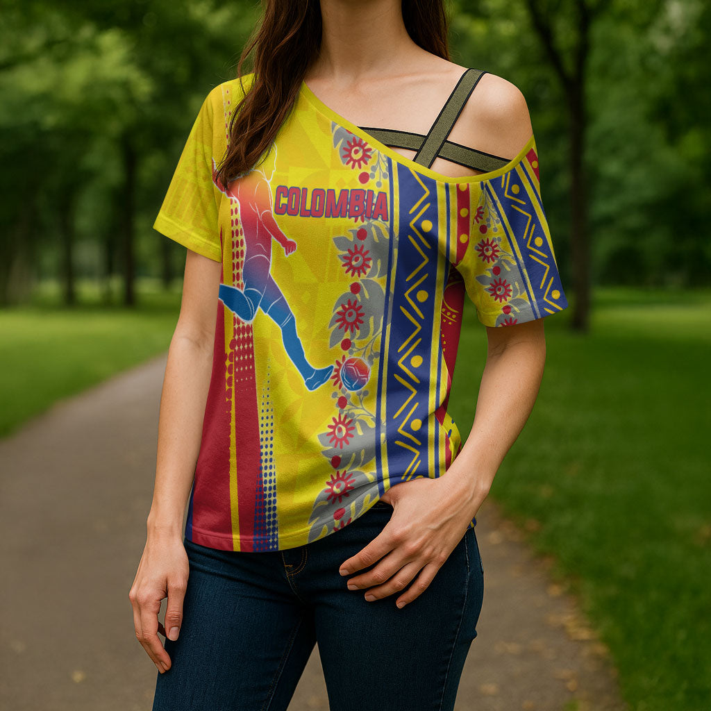 Personalized Colombia Soccer Cross Shoulder Shirt Floral Folk Pattern - Retro Football Player Art