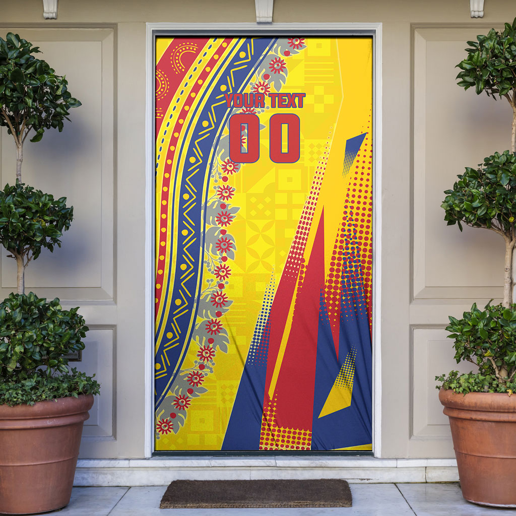 Personalized Colombia Soccer Door Cover Floral Folk Pattern - Retro Football Player Art