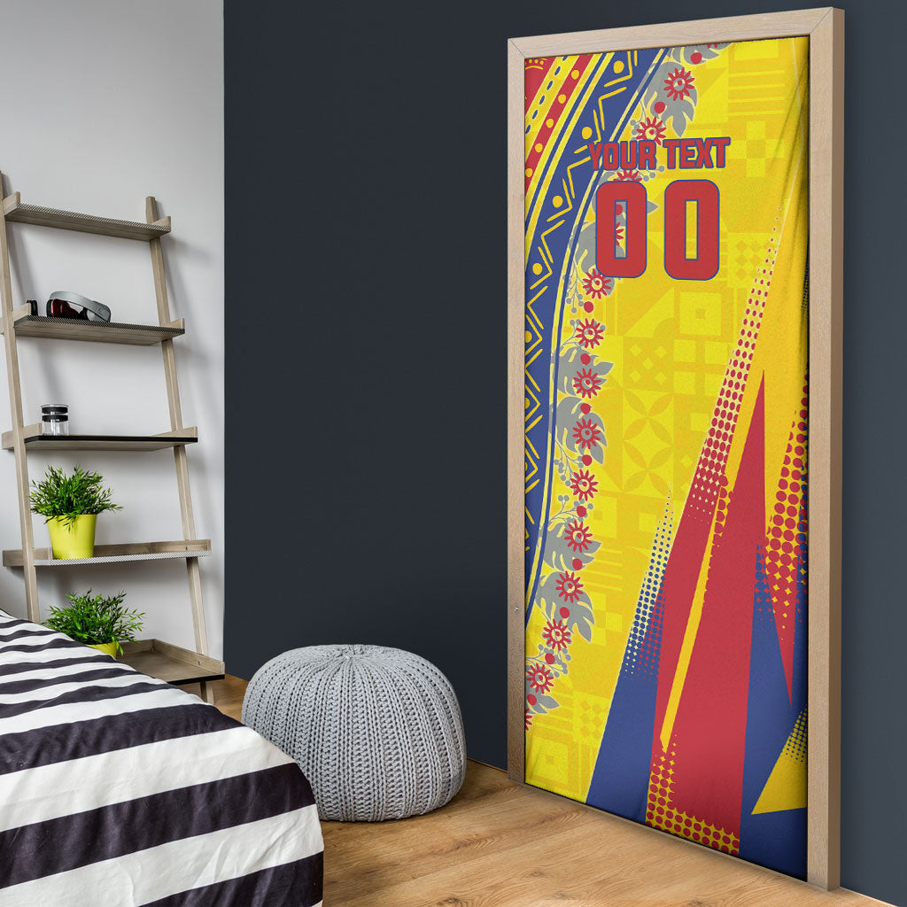 Personalized Colombia Soccer Door Cover Floral Folk Pattern - Retro Football Player Art