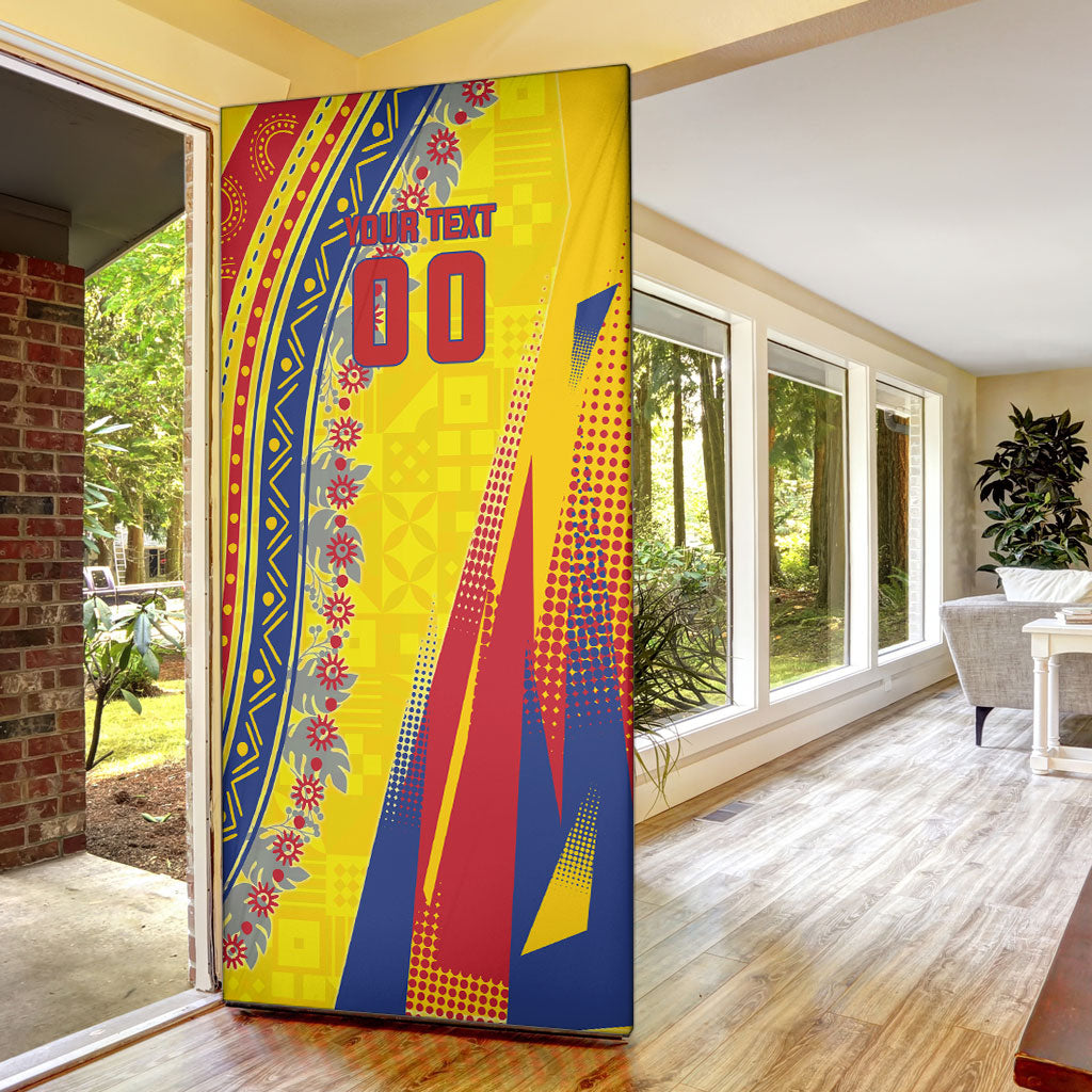 Personalized Colombia Soccer Door Cover Floral Folk Pattern - Retro Football Player Art