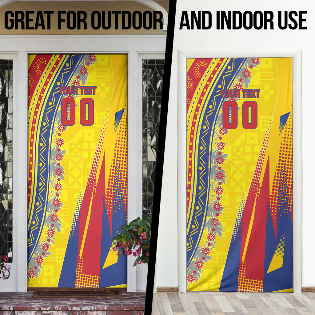 Personalized Colombia Soccer Door Cover Floral Folk Pattern - Retro Football Player Art