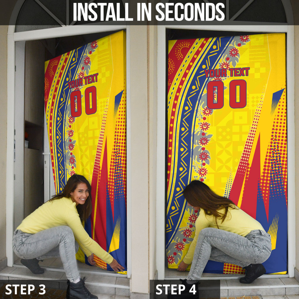 Personalized Colombia Soccer Door Cover Floral Folk Pattern - Retro Football Player Art
