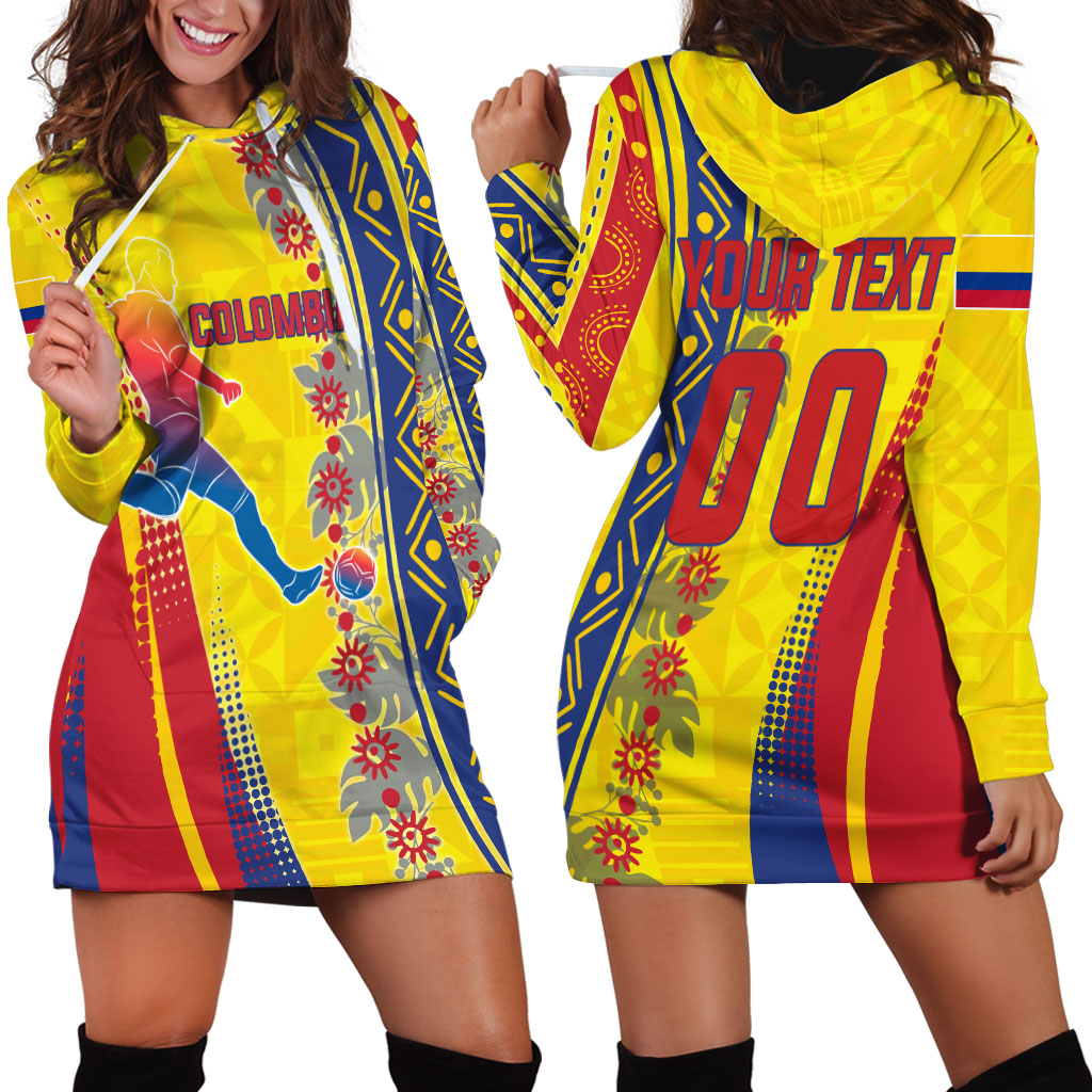 Personalized Colombia Soccer Hoodie Dress Floral Folk Pattern - Retro Football Player Art
