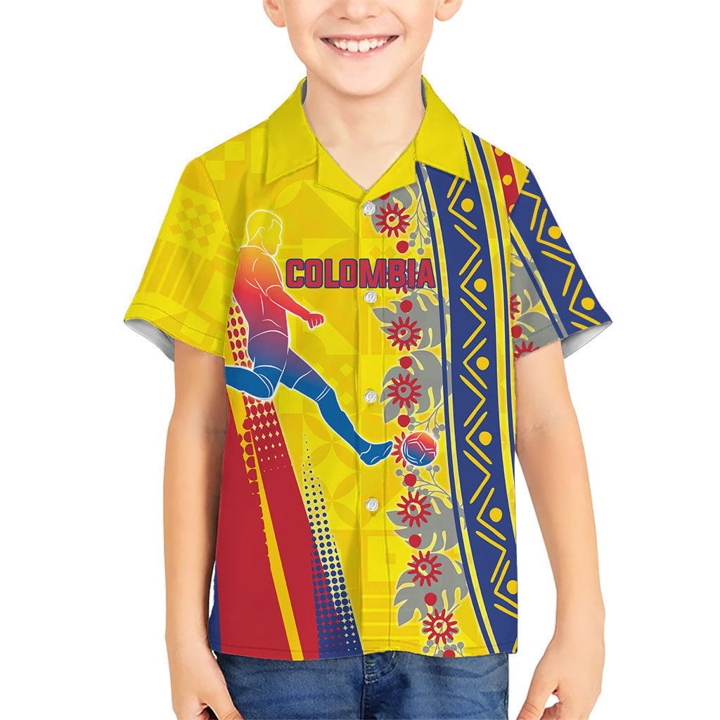 Personalized Colombia Soccer Kid Hawaiian Shirt Floral Folk Pattern - Retro Football Player Art