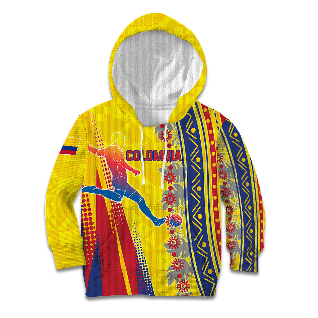 Personalized Colombia Soccer Kid Hoodie Floral Folk Pattern - Retro Football Player Art