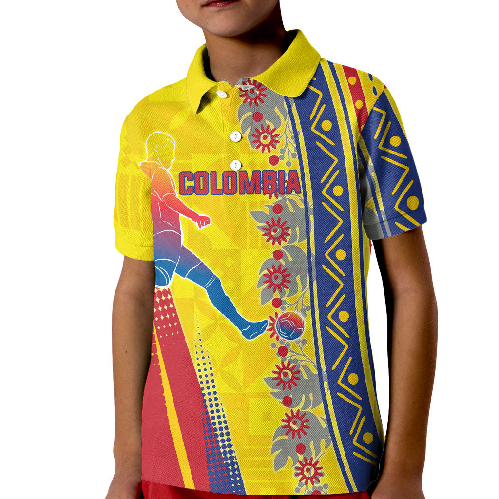 Personalized Colombia Soccer Kid Polo Shirt Floral Folk Pattern - Retro Football Player Art