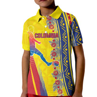 Personalized Colombia Soccer Kid Polo Shirt Floral Folk Pattern - Retro Football Player Art