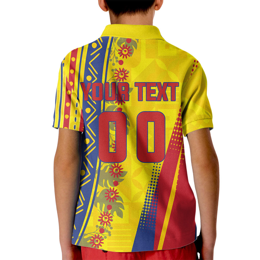 Personalized Colombia Soccer Kid Polo Shirt Floral Folk Pattern - Retro Football Player Art