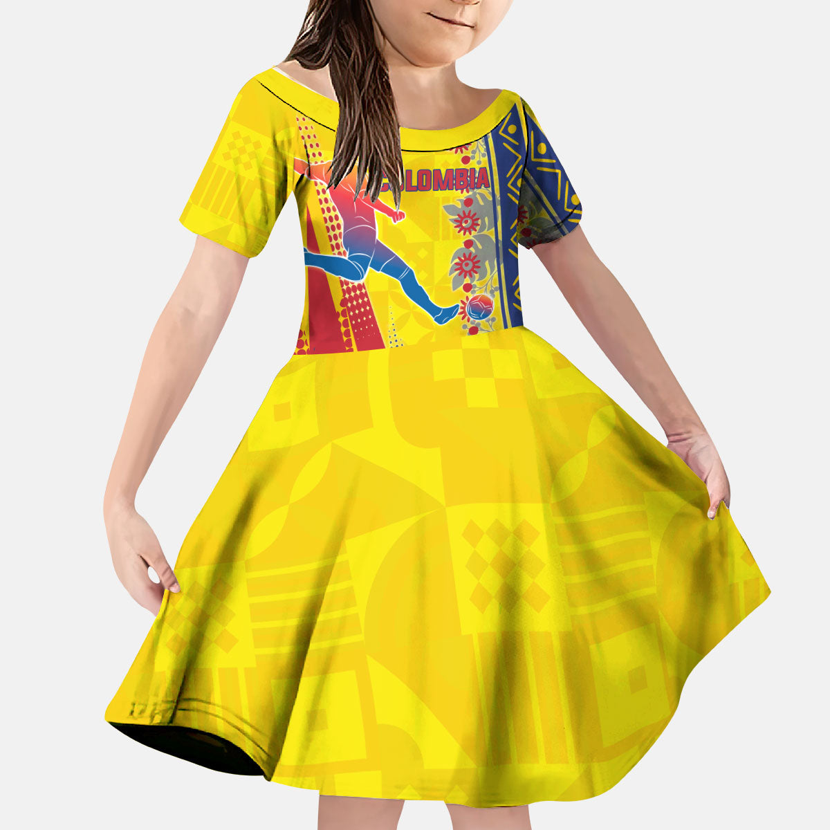 Personalized Colombia Soccer Kid Short Sleeve Dress Floral Folk Pattern - Retro Football Player Art