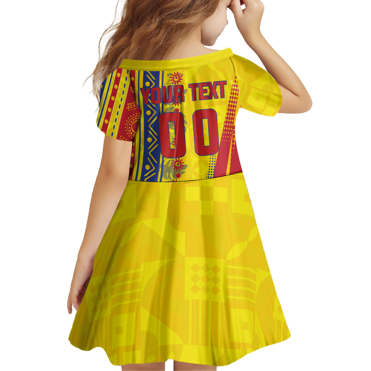 Personalized Colombia Soccer Kid Short Sleeve Dress Floral Folk Pattern - Retro Football Player Art