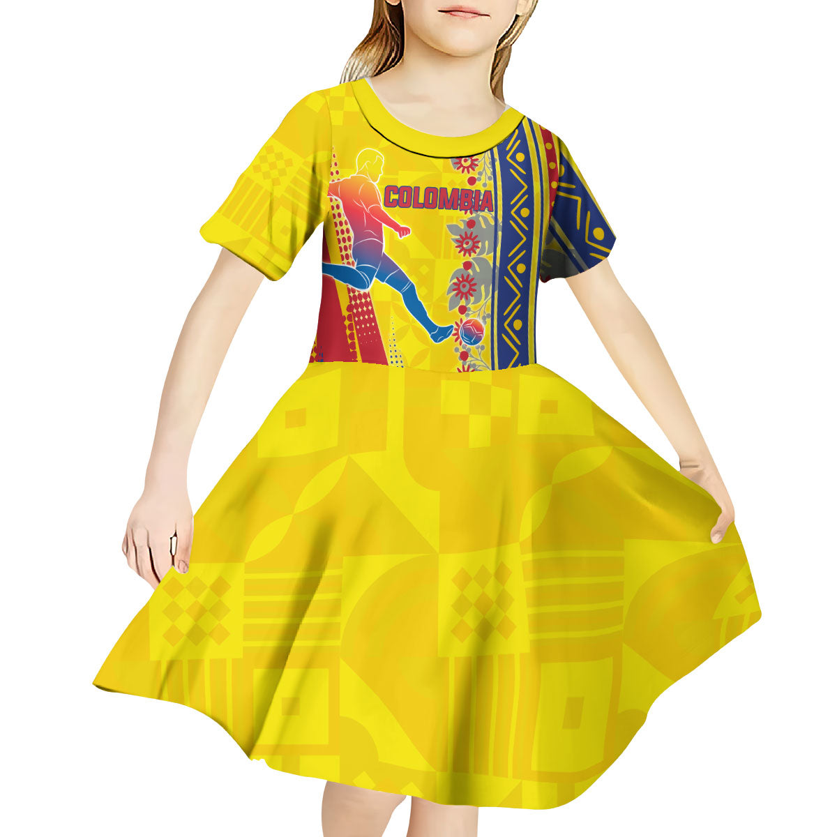 Personalized Colombia Soccer Kid Short Sleeve Dress Floral Folk Pattern - Retro Football Player Art