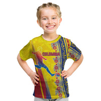 Personalized Colombia Soccer Kid T Shirt Floral Folk Pattern - Retro Football Player Art