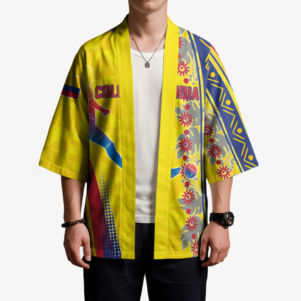 Personalized Colombia Soccer Kimono Floral Folk Pattern - Retro Football Player Art