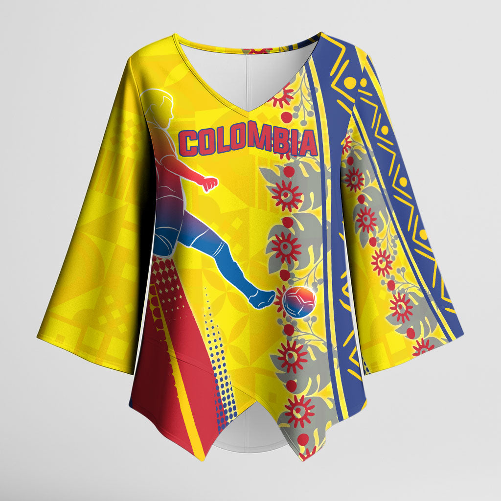 Personalized Colombia Soccer Kimono Sleeve Blouse Floral Folk Pattern - Retro Football Player Art