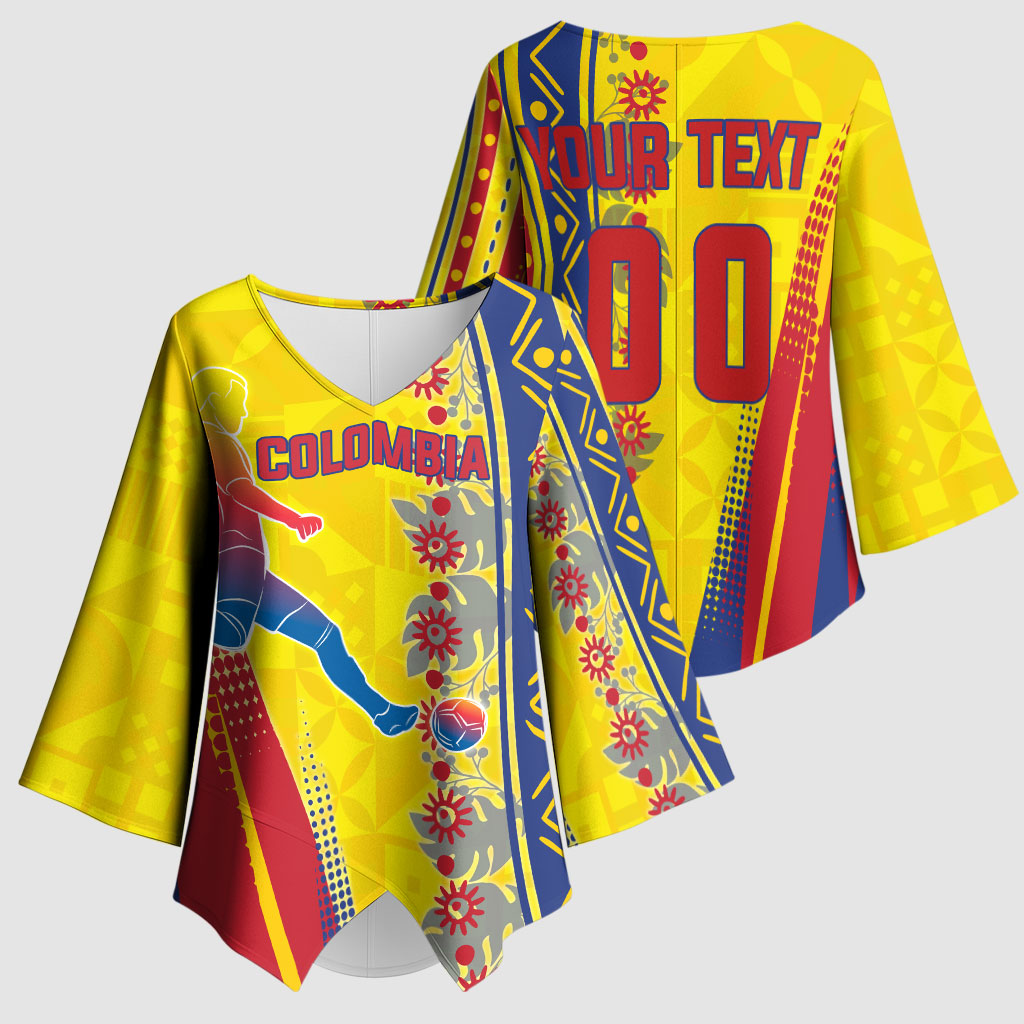 Personalized Colombia Soccer Kimono Sleeve Blouse Floral Folk Pattern - Retro Football Player Art
