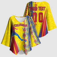 Personalized Colombia Soccer Kimono Sleeve Blouse Floral Folk Pattern - Retro Football Player Art