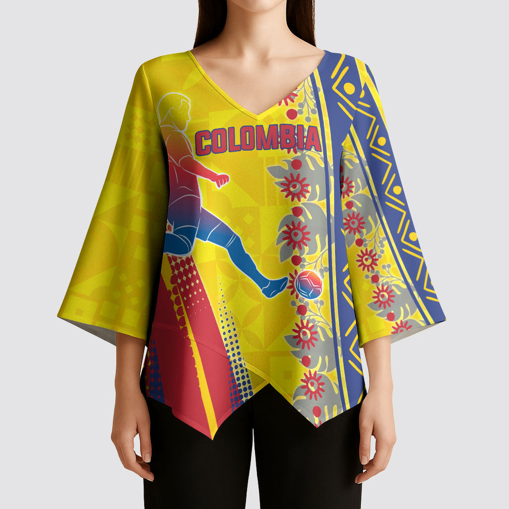 Personalized Colombia Soccer Kimono Sleeve Blouse Floral Folk Pattern - Retro Football Player Art