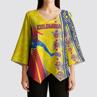 Personalized Colombia Soccer Kimono Sleeve Blouse Floral Folk Pattern - Retro Football Player Art