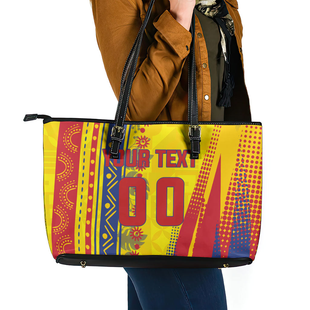 Personalized Colombia Soccer Leather Tote Bag Floral Folk Pattern - Retro Football Player Art