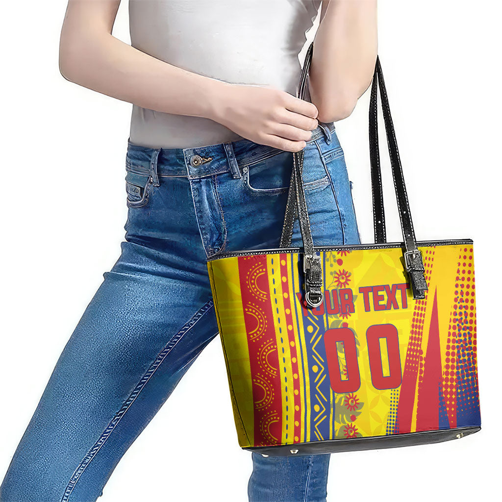 Personalized Colombia Soccer Leather Tote Bag Floral Folk Pattern - Retro Football Player Art