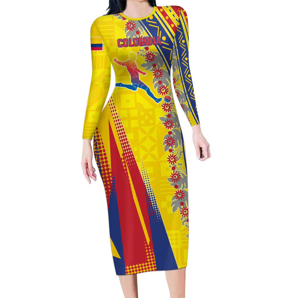 Personalized Colombia Soccer Long Sleeve Bodycon Dress Floral Folk Pattern - Retro Football Player Art
