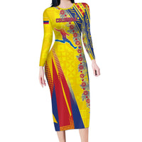 Personalized Colombia Soccer Long Sleeve Bodycon Dress Floral Folk Pattern - Retro Football Player Art
