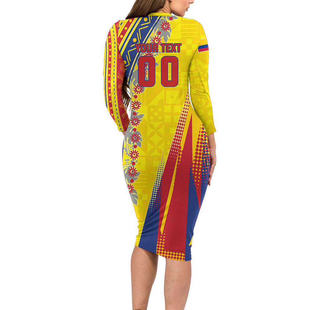 Personalized Colombia Soccer Long Sleeve Bodycon Dress Floral Folk Pattern - Retro Football Player Art