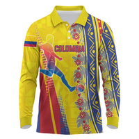 Personalized Colombia Soccer Long Sleeve Polo Shirt Floral Folk Pattern - Retro Football Player Art