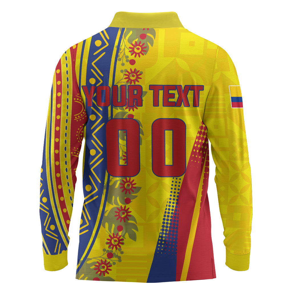 Personalized Colombia Soccer Long Sleeve Polo Shirt Floral Folk Pattern - Retro Football Player Art