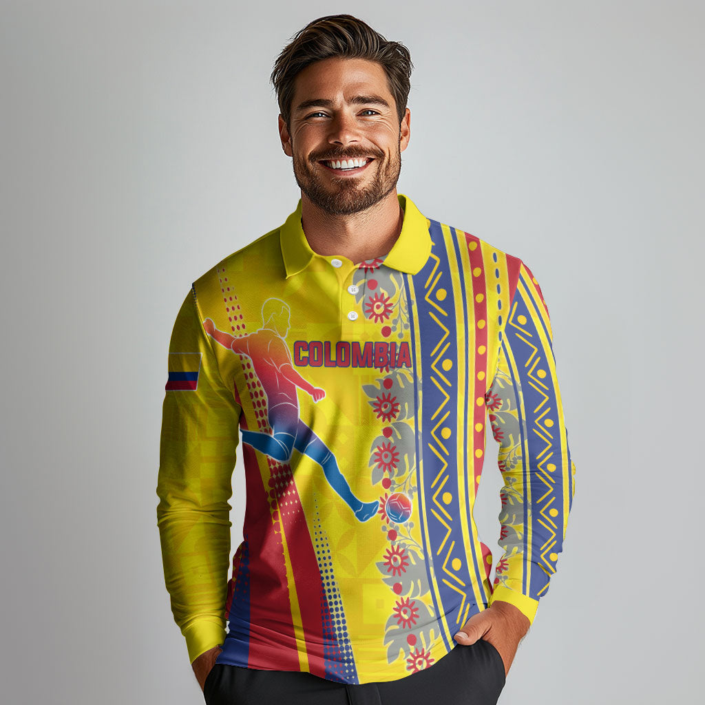 Personalized Colombia Soccer Long Sleeve Polo Shirt Floral Folk Pattern - Retro Football Player Art