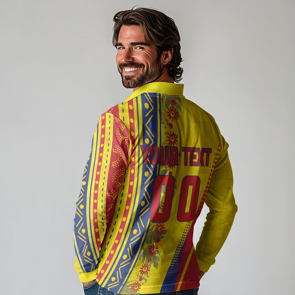 Personalized Colombia Soccer Long Sleeve Polo Shirt Floral Folk Pattern - Retro Football Player Art