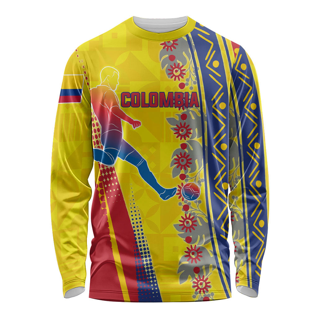 Personalized Colombia Soccer Long Sleeve Shirt Floral Folk Pattern - Retro Football Player Art