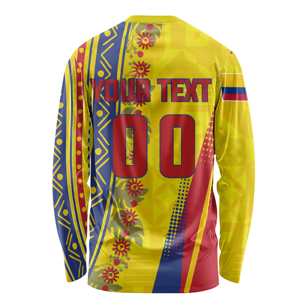 Personalized Colombia Soccer Long Sleeve Shirt Floral Folk Pattern - Retro Football Player Art