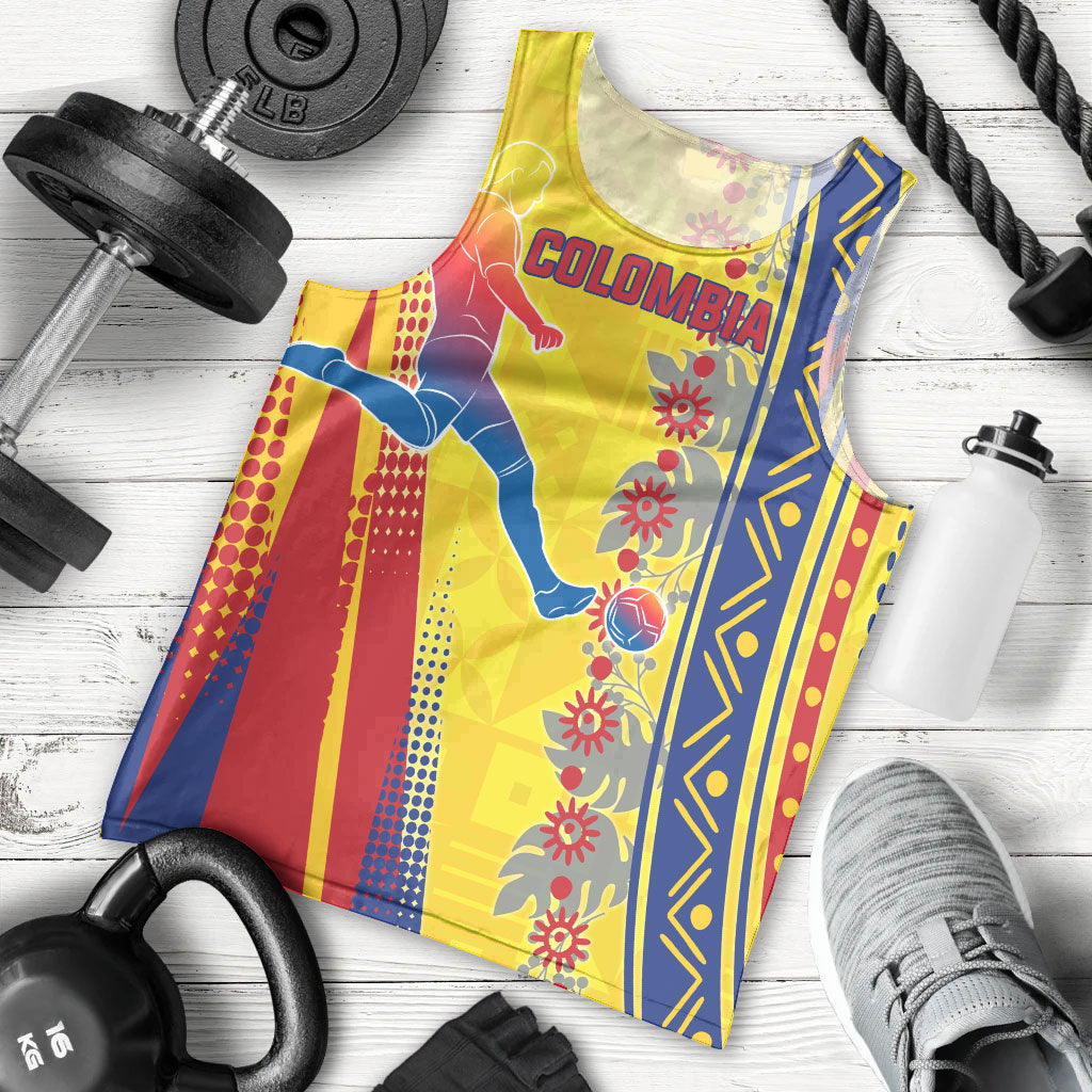 Personalized Colombia Soccer Men Tank Top Floral Folk Pattern - Retro Football Player Art