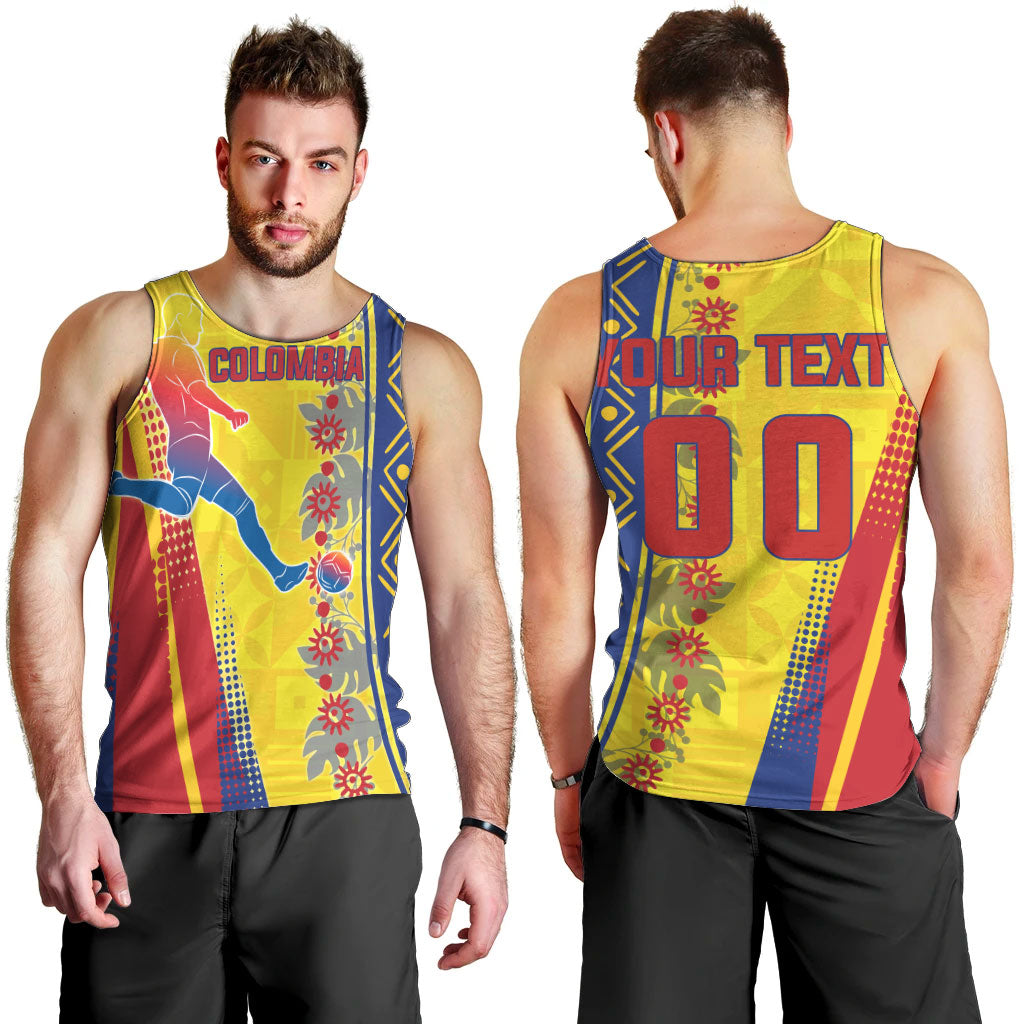 Personalized Colombia Soccer Men Tank Top Floral Folk Pattern - Retro Football Player Art