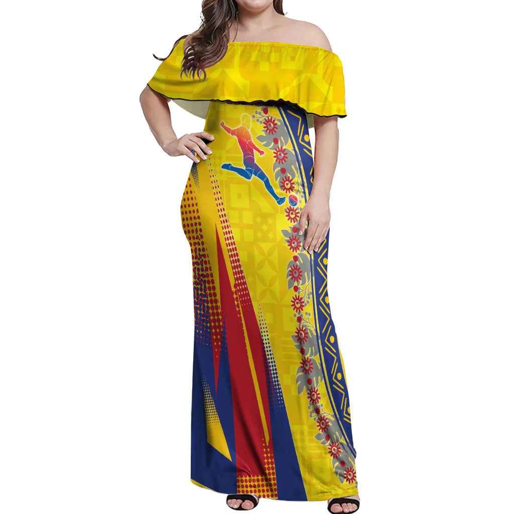 Personalized Colombia Soccer Off Shoulder Maxi Dress Floral Folk Pattern - Retro Football Player Art