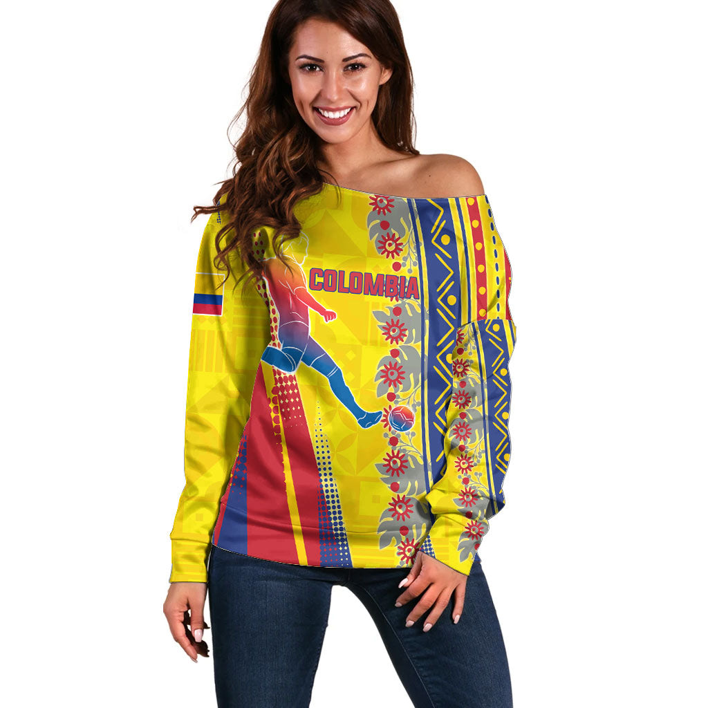Personalized Colombia Soccer Off Shoulder Sweater Floral Folk Pattern - Retro Football Player Art