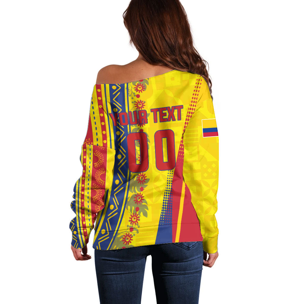Personalized Colombia Soccer Off Shoulder Sweater Floral Folk Pattern - Retro Football Player Art