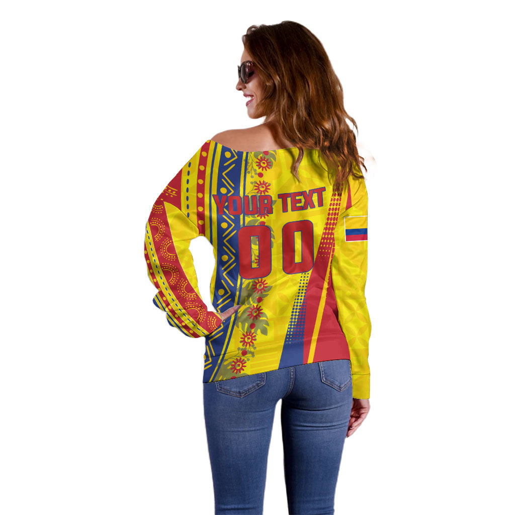 Personalized Colombia Soccer Off Shoulder Sweater Floral Folk Pattern - Retro Football Player Art