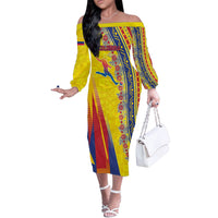 Personalized Colombia Soccer Off The Shoulder Long Sleeve Dress Floral Folk Pattern - Retro Football Player Art