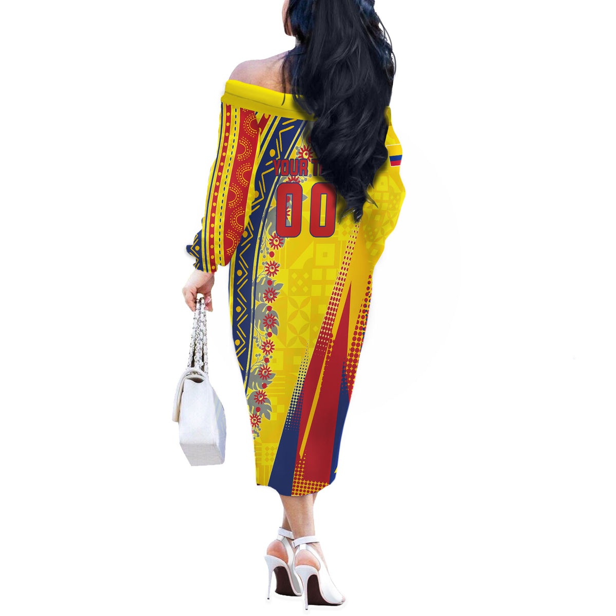 Personalized Colombia Soccer Off The Shoulder Long Sleeve Dress Floral Folk Pattern - Retro Football Player Art