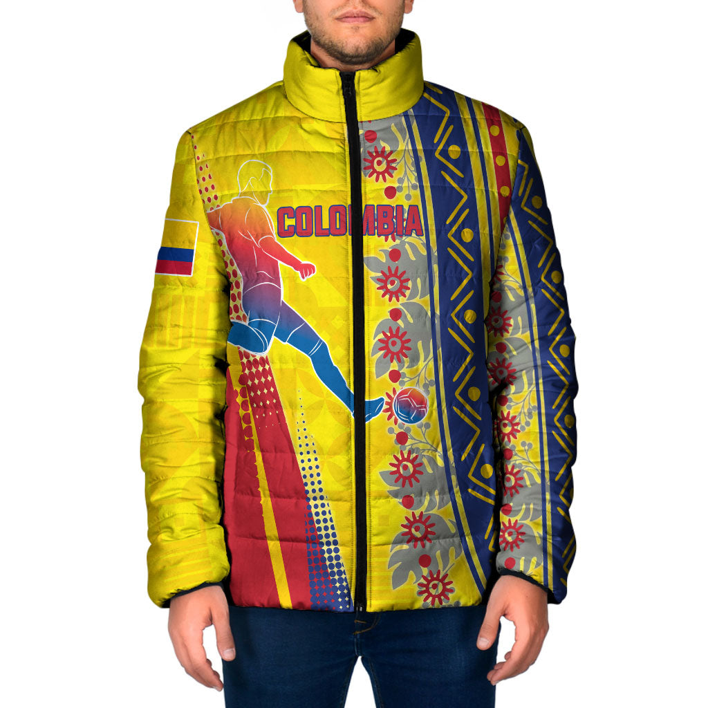 Personalized Colombia Soccer Padded Jacket Floral Folk Pattern - Retro Football Player Art