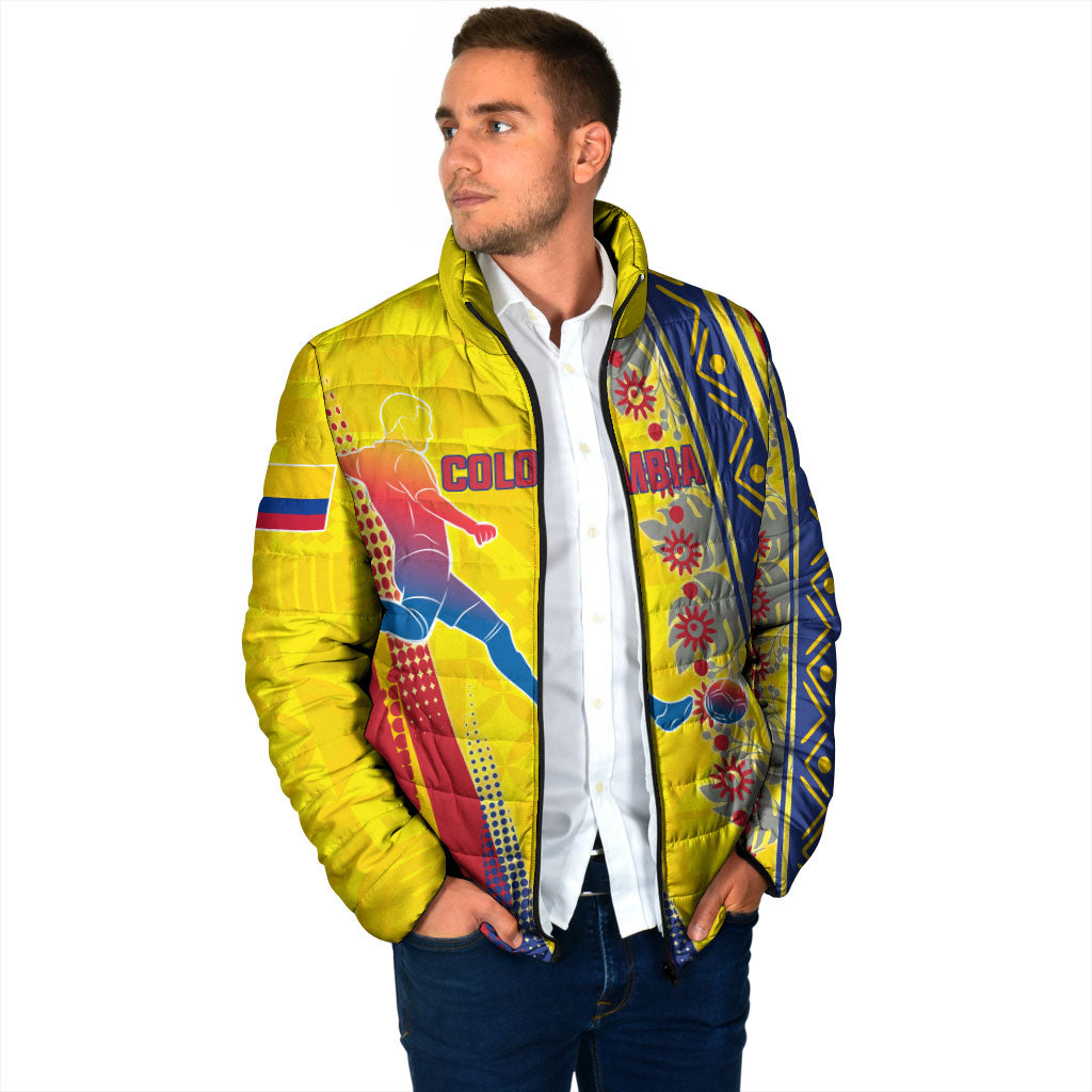 Personalized Colombia Soccer Padded Jacket Floral Folk Pattern - Retro Football Player Art