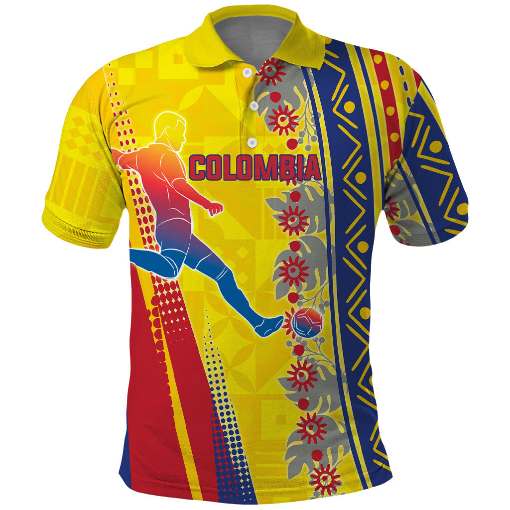 Personalized Colombia Soccer Polo Shirt Floral Folk Pattern - Retro Football Player Art