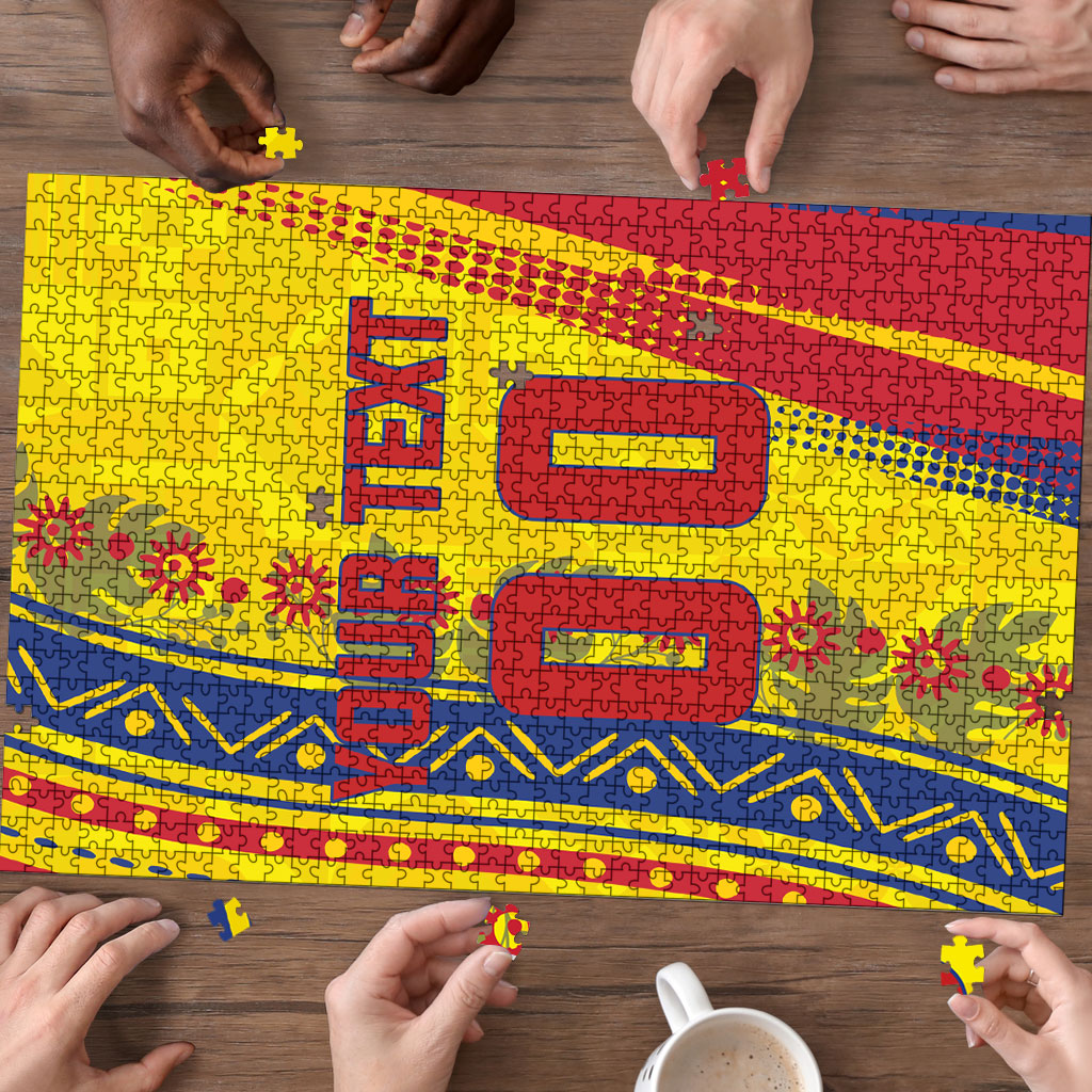 Personalized Colombia Soccer Puzzle Floral Folk Pattern - Retro Football Player Art