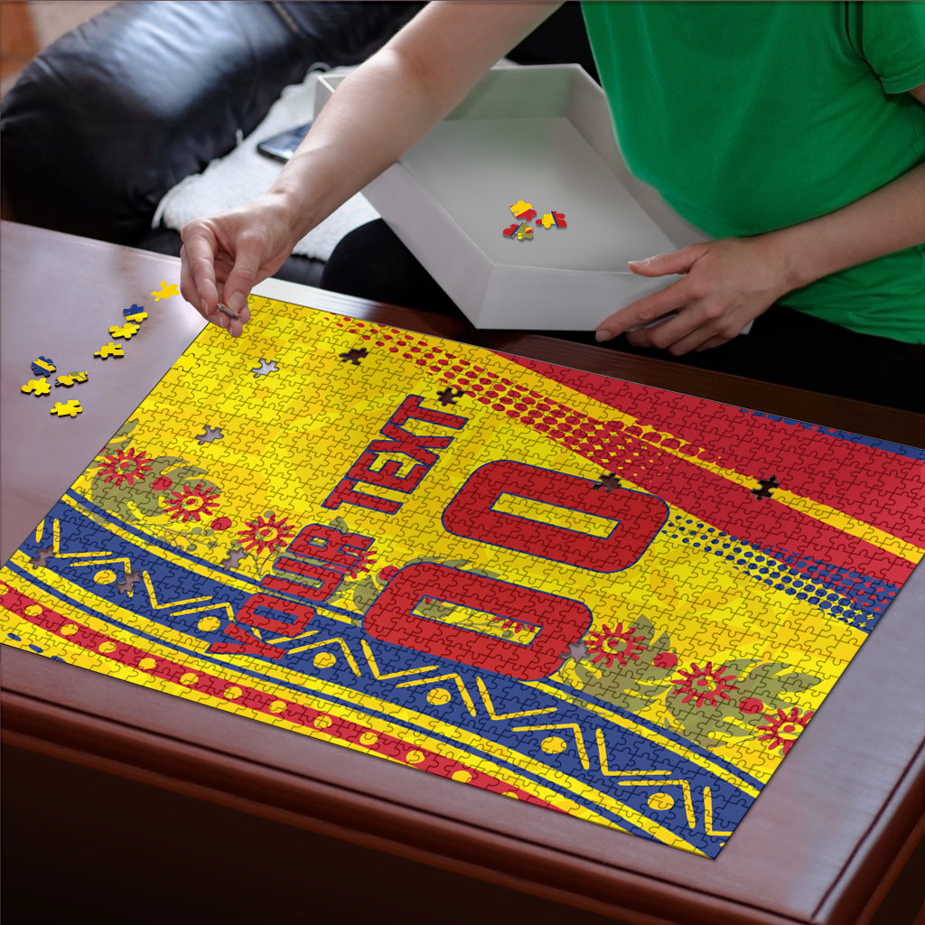 Personalized Colombia Soccer Puzzle Floral Folk Pattern - Retro Football Player Art