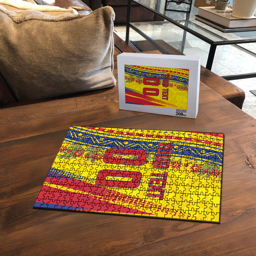 Personalized Colombia Soccer Puzzle Floral Folk Pattern - Retro Football Player Art