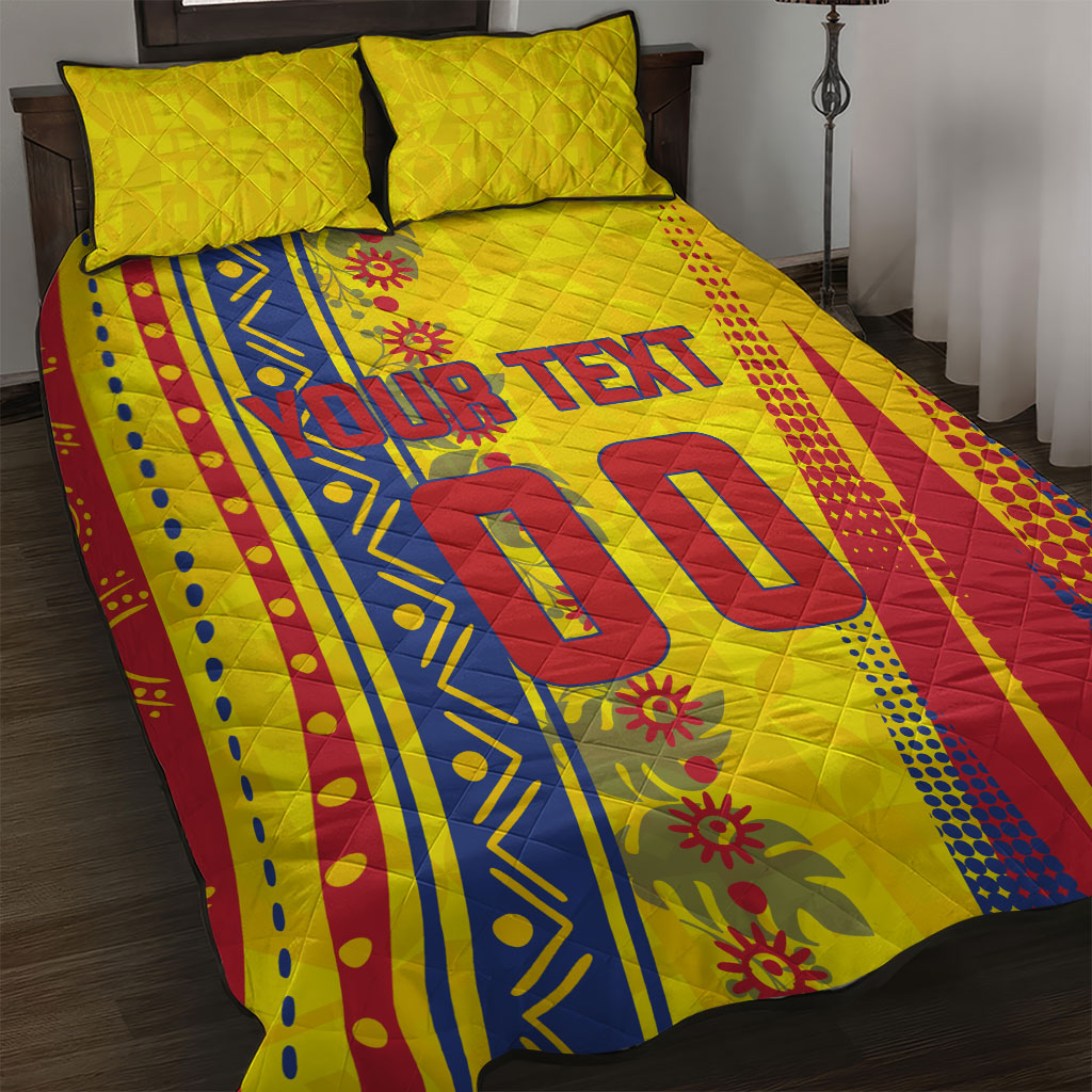 Personalized Colombia Soccer Quilt Bed Set Floral Folk Pattern - Retro Football Player Art