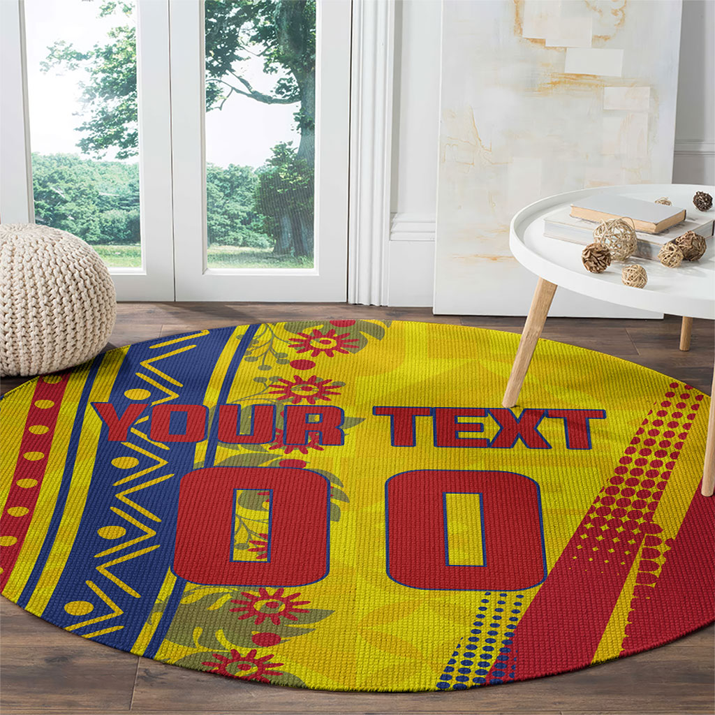 Personalized Colombia Soccer Round Carpet Floral Folk Pattern - Retro Football Player Art